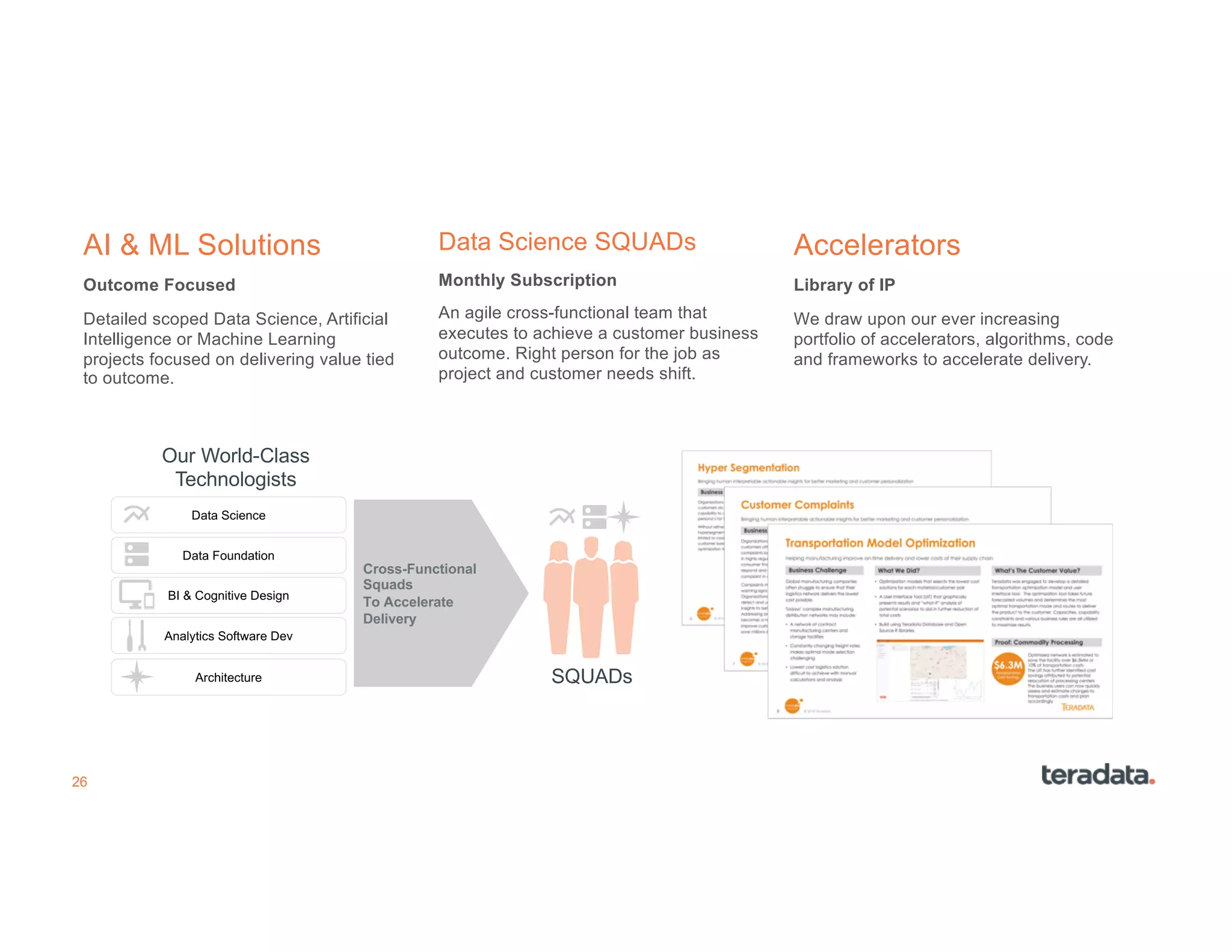 26
Data Science SQUADs
Monthly Subscription
An agile cross-functional team that
executes to achieve a customer business
outcome. Right person for the job as
project and customer needs shift.
AI & ML Solutions
Outcome Focused
Detailed scoped Data Science, Artificial
Intelligence or Machine Learning
projects focused on delivering value tied
to outcome.
Accelerators
Library of IP
We draw upon our ever increasing
portfolio of accelerators, algorithms, code
and frameworks to accelerate delivery.
Data Science
Data Foundation
BI & Cognitive Design
Analytics Software Dev
Architecture
Our World-Class
Technologists
Cross-Functional
Squads
To Accelerate
Delivery
SQUADs
 