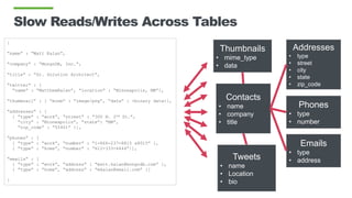 {
“name” : “Matt Kalan”,
“company” : “MongoDB, Inc.”,
“title” : “Sr. Solution Architect”,
“twitter” : {
“name” : “MatthewKalan”, “location” : “Minneapolis, MN”},
“thumbnail” : { “mime” : “image/png”, “data” : <binary data>},
“addresses” : [
{ “type” : “work”, “street” : ”300 N. 2nd St.”,
“city” : “Minneapolis”, “state”: “MN”,
“zip_code” : “55401” }],
“phones” : [
{ “type” : “work”, “number” : “1-866-237-8815 x8015” },
{ “type” : “home”, “number” : “612-333-4444”}],
“emails” : [
{ “type” : “work”, “address” : “matt.kalan@mongodb.com” },
{ “type” : “home”, “address” : “mkalan@email.com” }]
}
Slow Reads/Writes Across Tables
Contacts
• name
• company
• title
Addresses
• type
• street
• city
• state
• zip_code
Phones
• type
• number
Emails
• type
• address
Thumbnails
• mime_type
• data
Tweets
• name
• Location
• bio
 