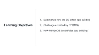 Learning Objectives
1. Summarize how the DB affect app building
2. Challenges created by RDBMSs
3. How MongoDB accelerates app building
 