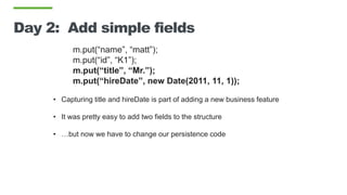 Day 2: Add simple fields
m.put(“name”, “matt”);
m.put(“id”, “K1”);
m.put(“title”, “Mr.”);
m.put(“hireDate”, new Date(2011, 11, 1));
• Capturing title and hireDate is part of adding a new business feature
• It was pretty easy to add two fields to the structure
• …but now we have to change our persistence code
 
