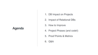 Agenda
1. DB Impact on Projects
2. Impact of Relational DBs
3. How to Improve
4. Project Phases (and code!)
5. Proof Points & Metrics
6. Q&A
 