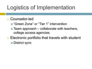 Logistics of Implementation
   Counselor-led
     ―Green  Zone‖ or ―Tier 1‖ intervention
     Team approach – collaborate with teachers,
      college access agencies
   Electronic portfolio that travels with student
     District   sync
 