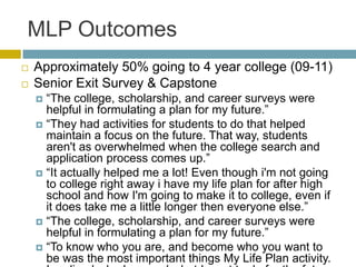 MLP Outcomes
   Approximately 50% going to 4 year college (09-11)
   Senior Exit Survey & Capstone
     ―The college, scholarship, and career surveys were
      helpful in formulating a plan for my future.‖
     ―They had activities for students to do that helped
      maintain a focus on the future. That way, students
      aren't as overwhelmed when the college search and
      application process comes up.‖
     ―It actually helped me a lot! Even though i'm not going
      to college right away i have my life plan for after high
      school and how I'm going to make it to college, even if
      it does take me a little longer then everyone else.‖
     ―The college, scholarship, and career surveys were
      helpful in formulating a plan for my future.‖
     ―To know who you are, and become who you want to
      be was the most important things My Life Plan activity.
 