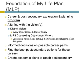 Foundation of My Life Plan
(MLP)
   Career & post-secondary exploration & planning
    program
   Aligning with the vision(s)
       District vision:
           Every Child. College & Career Ready
       MPS Counseling Department Vision:
           Counselors help schools achieve their mission and students reach
            their goals

   Informed decisions on possible career paths
   Find the best postsecondary options for those
    careers
   Create academic plans to reach postsecondary
 