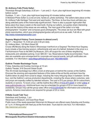 Posted by http://MillCityTimes.com


St. Anthony Falls Photo Safari
Thursdays through Saturdays, 8:30 am – 1 pm and 2 – 6 ...