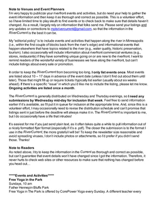 Note to Venues and Event Planners
I’m very happy to publicize your riverfront events and activities, but do need your help...