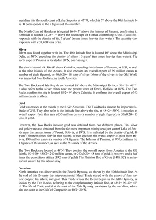 meridian hits the south coast of Lake Superior at 47°N, which is 7° above the 40th latitude li-
ne. It corresponds to the 7 figures of this number.

The North Coast of Honduras is located 16-9= 7° above the Isthmus of Panama, confirming it.
Bermuda is located 32-25= 7° above the south cape of Florida, confirming it, too. It also cor-
responds with the density of tin, 7 g/cm 3 (seven times heavier than water). The quantity cor-
responds with c.38,400 tons of tin.

Silver
Silver was found together with tin. The 40th latitude line is located 10° above the Mississippi
Delta, at 30°N, encoding the density of silver, 10 g/cm 3 (ten times heavier than water). The
north cape of Panama is located at 10°N, confirming it.

The site is located 48-39= 9° above Cahokia, encoding the isthmus of Panama, at 9°N, as well
as the nine islands of the Azores. It also encodes an overall export of 90 million carats (a
number of eight figures), or 90x0.20= 18 tons of silver. Most of the silver in the Old World
was imported from Bolivia, in South America.

The Two Rocks and Isle Royale are located 18° above the Mississippi Delta, at 30+18= 48°N.
It also refers to the silver mines near the present town of Oruro, Bolivia, at 18°S. The Two
Rocks confirm the site is located 18/2= 9° above Cahokia. It confirms the overall export of 90
million carats of silver.

Gold
Gold was traded at the mouth of the River Amazone. The Two Rocks encode the important la-
titude of 2°S. They also refer to the latitude line above the site, at 48+2= 50°N. It encodes an
overall export from this area of 50 million carats (a number of eight figures), or 50x0.20= 10
tons of gold.

However, the Two Rocks indicate gold was obtained from two different places. Tin, silver
and gold were also obtained from the far more important mining area just east of Lake of Poo-
pó, near the present town of Potosi, Bolivia, at 19°S. It is indicated by the density of gold, 19
g/cm3 (nineteen times heavier than water). It even encodes the overall export of gold from Bo-
livia, 190 million carats (a number of 9 figures). The Isthmus of Panama, at 9°N, confirms the
9 figures of this number, as well as the 9 islands of the Azores.

The Two Rocks are located at 48°N. They confirm the overall export from America to the Old
World, 50+190= 480/2= 240 million carats, or 240x0.20= 48 tons of gold. It was two and a half
times the export from Africa (19.2 tons of gold). The Phaistos Disc of Crete (1458 BC) is an im-
portant source for this whole story.

Duration
North America was discovered in the Fourth Dynasty, as shown by the 40th latitude line. At
the end of this Dynasty the inter-continental Metal Trade started with the export of four me-
tals: copper, tin, silver, and gold. This Trade across the Ocean begun in the Fifth Dynasty, as
shown by the Two Rocks, referring to the complementary latitude line, at 48+2= 90-40= 50°
N. The Metal Trade ended at the start of the 20th Dynasty, as shown by the meridian, which
hits the coast at the Gulf of Campeche, at 40/2= 20°N.
 