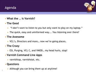 Agenda


    • What the … is Varnish?
    • The Good
      “I don’t want to listen to you but only want to play on my laptop.”

      The quick, easy and uninformed way... You listening over there?

    • The Awesome
      VCL’s, Directors and more… now we’re going places.

    • The Crazy
      ESI, Purging, VCL C, and VMOD… my head hurts, stop!

    • Varnish Command Line Apps
      varnishtop, varnishstat, etc.

    • Questions
      Although you can bring them up at anytime!
3
 
