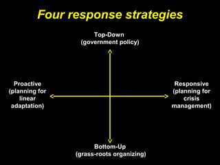 Proactive
(planning for
linear
adaptation)
Responsive
(planning for
crisis
management)
Top-Down
(government policy)
Bottom-Up
(grass-roots organizing)
Four response strategies
 