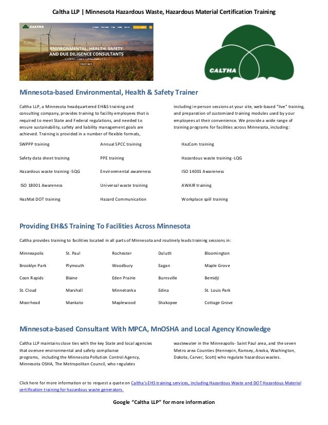 Minnesota Hazardous Waste, Hazardous Material Certification Training