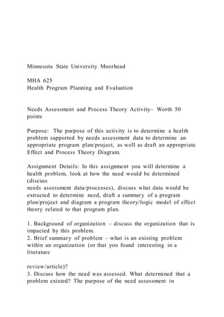 Minnesota State University Moorhead
MHA 625
Health Program Planning and Evaluation
Needs Assessment and Process Theory Activity– Worth 50
points
Purpose: The purpose of this activity is to determine a health
problem supported by needs assessment data to determine an
appropriate program plan/project, as well as draft an appropriate
Effect and Process Theory Diagram.
Assignment Details: In this assignment you will determine a
health problem, look at how the need would be determined
(discuss
needs assessment data/processes), discuss what data would be
extracted to determine need, draft a summary of a program
plan/project and diagram a program theory/logic model of effect
theory related to that program plan.
1. Background of organization – discuss the organization that is
impacted by this problem.
2. Brief summary of problem – what is an existing problem
within an organization (or that you found interesting in a
literature
review/article)?
3. Discuss how the need was assessed. What determined that a
problem existed? The purpose of the need assessment in
 