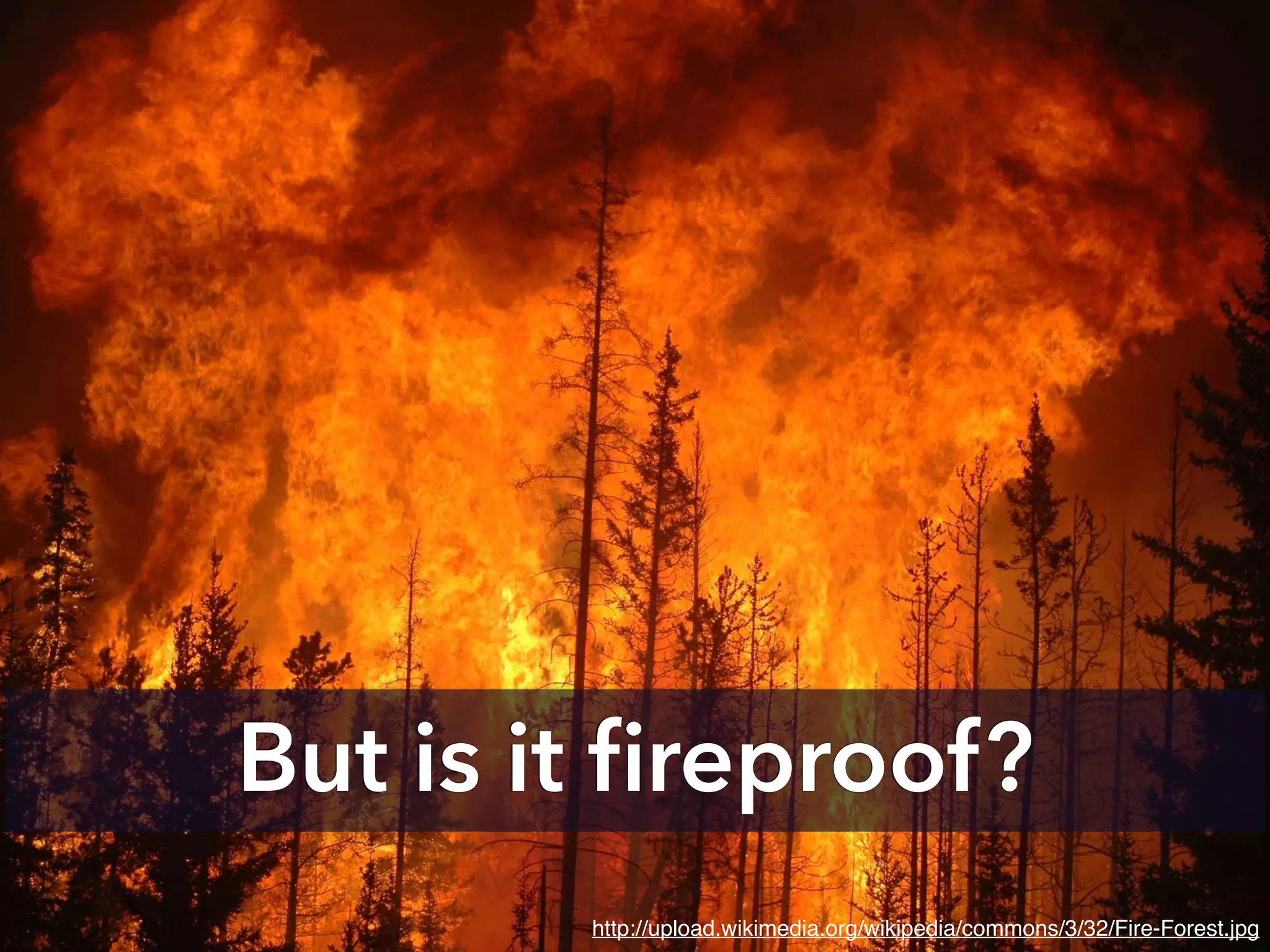 But is it ﬁreproof?
http://upload.wikimedia.org/wikipedia/commons/3/32/Fire-Forest.jpg
 