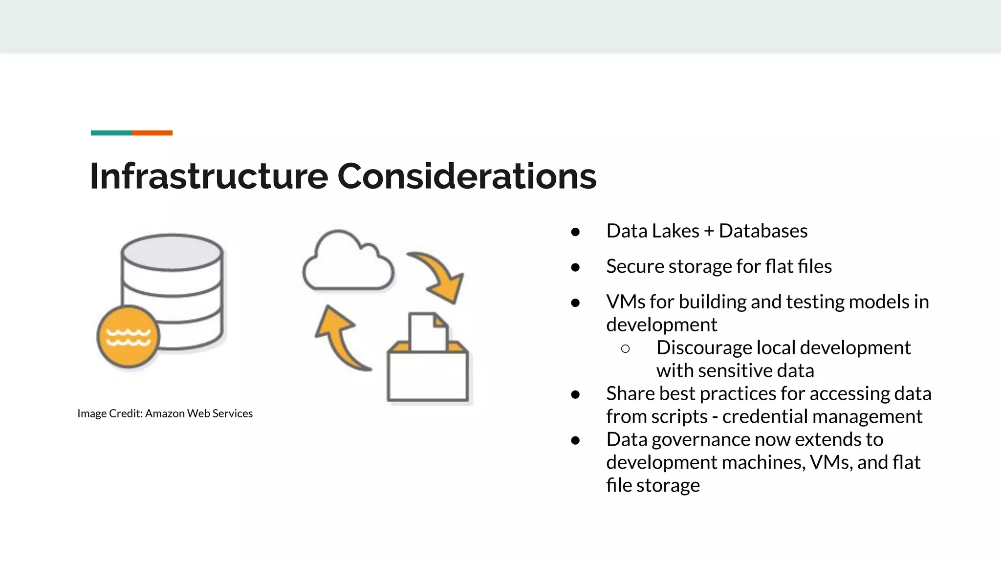 Infrastructure Considerations Image Credit: Amazon Web Services ● Data Lakes + Databases ● Secure storage for ﬂat ﬁles ● VMs for building and testing models in development ○ Discourage local development with sensitive data ● Share best practices for accessing data from scripts - credential management ● Data governance now extends to development machines, VMs, and ﬂat ﬁle storage 