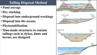 Tailing Disposal Method
• Pond storage
• Dry stacking
• Disposal into underground workings
• Disposal into the oceans
• Phytostabilisation
• Man-made structures to contain
tailings such as dykes, dams and
berms, are designed
 