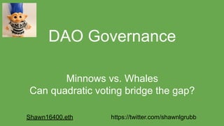 Minnows vs. Whales
Can quadratic voting bridge the gap?
DAO Governance
Shawn16400.eth https://twitter.com/shawnlgrubb
 