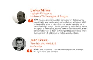 Juan Freire
Teamlabs and ModulUS
co-founder
MINN/ Team Academy is a radical team learning process to change
the organizations from the action.
Carlos Millán
Logistics Director at
Institute of Technologies of Aragon
“
MINN has been for me an incredible learning journey that transforms
completely the way I see the world and how I interact with others. MINN
is always taking be out of my comfort zone, always challenging me to
create new things, to impact in my organization by intrapreneurial actions.
Taking risks to obtain results, because in MINN “we want results!”. MINN
transformed my view of theam performing and boosted my social innova-
tion hidden interest. MINN inspired me to inspire others to act.
 