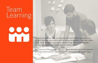 Team
Learning
Working in teams we learn by doing the skills and abilities we need to cre-
ate and develope new projects and for being entrepeneurs. You work, share
goals, ideas, thoughts, experiences and learnings with your teammates,
developing together yourselves and the whole company.
The outcome of the process is that your future learning won’t be conditioned
to contact expert teacher and you will learn mainly from your teammates.
 