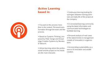 Active Learning
based in:
• Focused on the process more
than in the content. Personal trans-
formation through the team and the
process.
• Based on Systems Thinking, pro-
posed by Peter Senge and Knowl-
edge Creation Systems by Nonaka
& Takeuchi.
• Active learning where the profes-
sional and the project on his hands
are the main character.
• Continuous learning looking for
synergies between training semi-
nars and daily life of the project at
the company.
• A connected learning community
using the latest information and
communication technologies to
facilitate learning.
• Personal analysis of real cases
of the latest trends in management
models of innovation in organiza-
tions.
• Incorporating sustainability as a
source of innovation and wealth
creation.
 