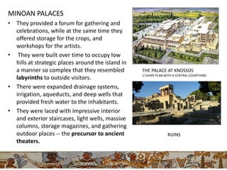 MINOAN PALACES
• They provided a forum for gathering and
  celebrations, while at the same time they
  offered storage for the crops, and
  workshops for the artists.
• They were built over time to occupy low
  hills at strategic places around the island in
  a manner so complex that they resembled          THE PALACE AT KNOSSOS
                                                   U SHAPE PLAN WITH A CENTRAL COURTYARD
  labyrinths to outside visitors.
• There were expanded drainage systems,
  irrigation, aqueducts, and deep wells that
  provided fresh water to the inhabitants.
• They were laced with impressive interior
  and exterior staircases, light wells, massive
  columns, storage magazines, and gathering
  outdoor places -- the precursor to ancient                     RUINS
  theaters.
 