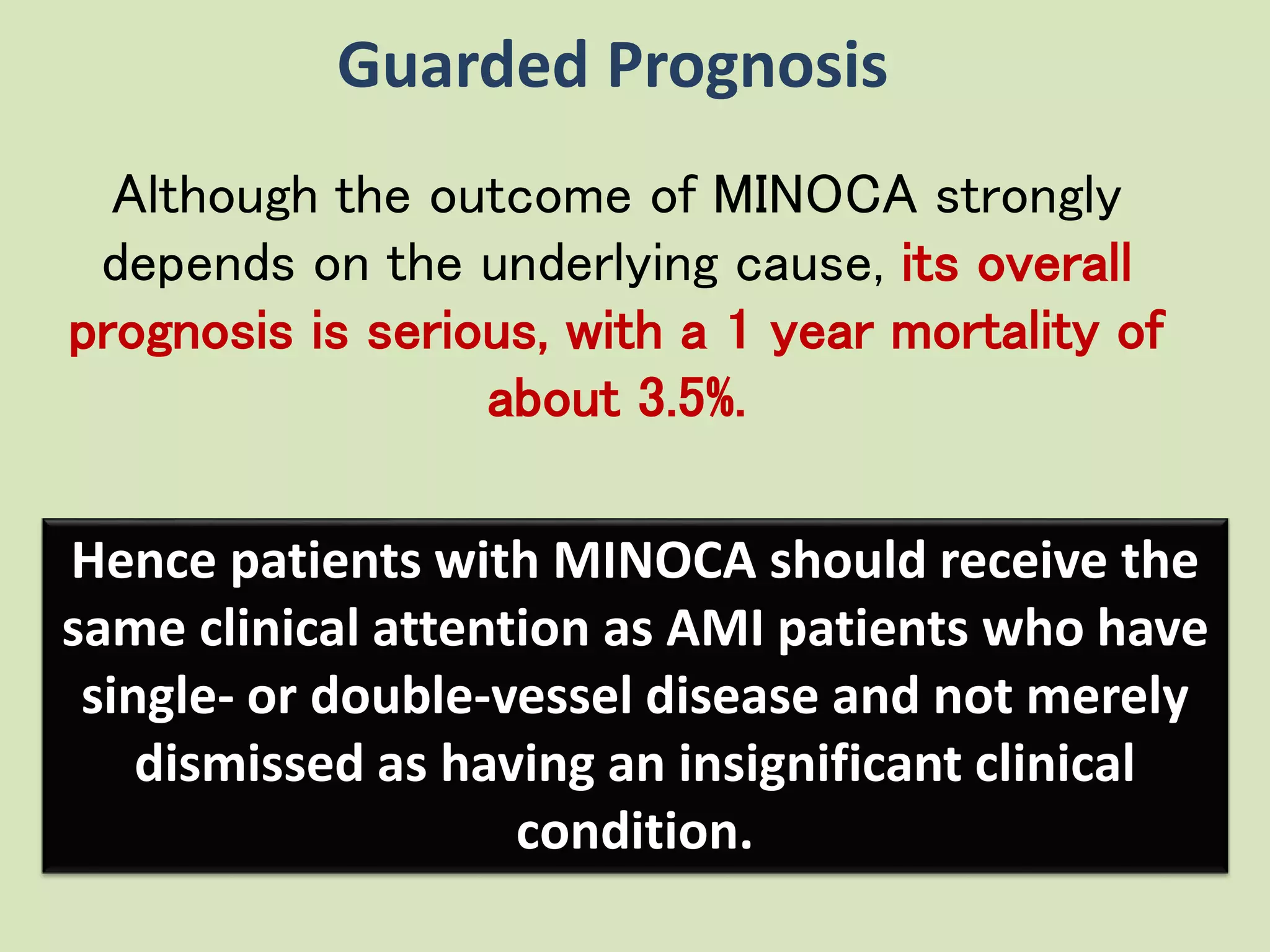 Guarded Prognosis
Hence patients with MINOCA should receive the
same clinical attention as AMI patients who have
single- or double-vessel disease and not merely
dismissed as having an insignificant clinical
condition.
Although the outcome of MINOCA strongly
depends on the underlying cause, its overall
prognosis is serious, with a 1 year mortality of
about 3.5%.
 