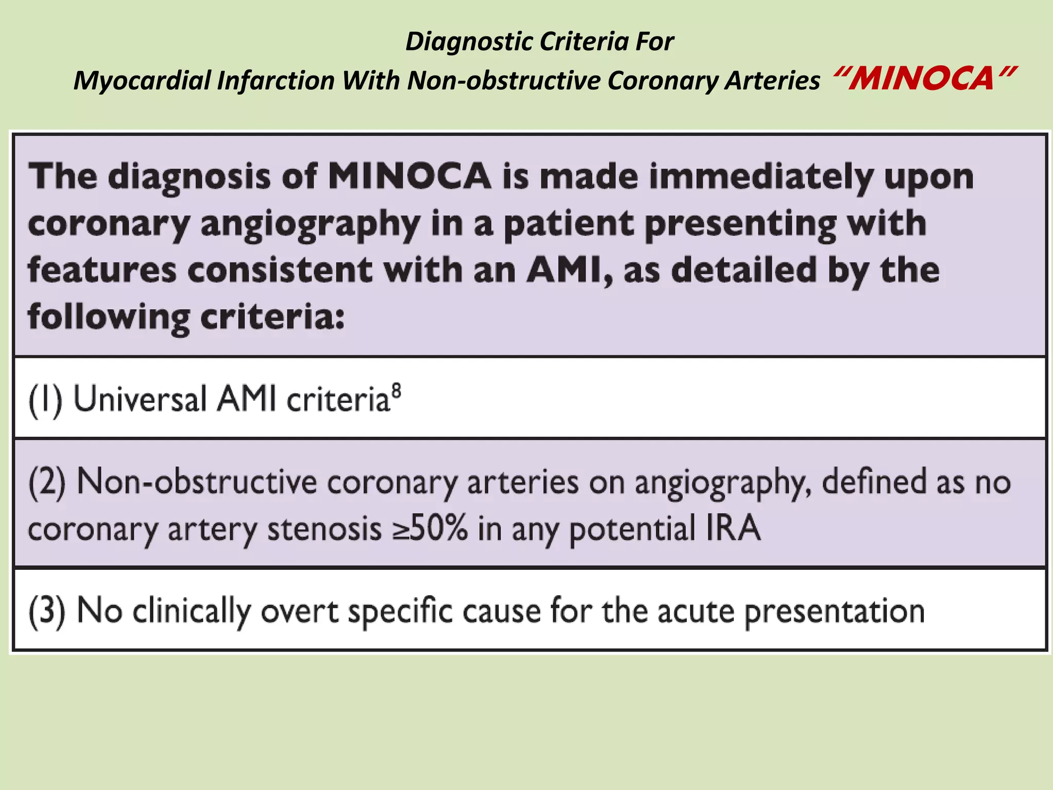 Diagnostic Criteria For
Myocardial Infarction With Non-obstructive Coronary Arteries “MINOCA”
 