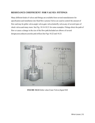 Minor Losses | 31
RESISTANCE COEFFICIENT FOR VALVES FITTINGS
Many different kinds of valves and fittings are available from several manufacturers for
specification and installation into fluid flow systems.Valves are used to control the amount of
flow and may be globe valves,angle valves,gate valves,butterfly valves,any of several types of
check valves,and many more. See Fig. 10.14-10.21 for some examples. Fittings direct the path of
flow or cause a change in the size of the flow path.Included are elbows of several
designs,tees,reducers,nozzles,and orifices.See Figs 10.22 and 10.23.
FIGURE 10.14 Globe value.Crane Valves,Signal Hill
 