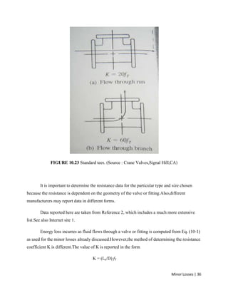 Minor Losses | 36
FIGURE 10.23 Standard tees. (Source : Crane Valves,Signal Hill,CA)
It is important to determine the resistance data for the particular type and size chosen
because the resistance is dependent on the geometry of the valve or fitting.Also,different
manufacturers may report data in different forms.
Data reported here are taken from Reference 2, which includes a much more extensive
list.See also Internet site 1.
Energy loss incurres as fluid flows through a valve or fitting is computed from Eq. (10-1)
as used for the minor losses already discussed.However,the method of determining the resistance
coefficient K is different.The value of K is reported in the form
K = (Le/D) fT
 