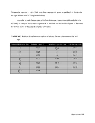 Minor Losses | 39
We can also compute Le = (Le /D)D. Note, however,that this would be valid only if the flow in
the pipe is in the zone of complete turbulence.
If the pipe is made from a material diffrent from new,clean,commercial steel pipe,it is
necessary to compute the relative roughness D/ and then use the Moody diagram to determine
the friction factor in the zone of complete turbulence.
TABLE 10.5 Friction factor in zone complete turbulence for new,clean,commercial steel
pipe.
Nominal Pipe Size (in) Friction Factor fT Nominal Pipe Size (in) Friction Factor fT
1/2 0.027 3 , 4 0.017
3/4 0.025 5 0.016
1 0.023 6 0.015
1 0.022 8-10 0.014
1 0.021 12-16 0.013
2 0.019 18-24 0.012
2 , 3 0.018
 