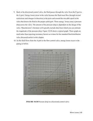 Minor Losses | 60
9. Back at the directional control valve, the fluid passes through the valve from the P port to
the A port. Energy losses occur in the valve because the fluid must flow through several
restrictions and changes in derection in the ports and around the movable spool in the
valve that directs the fluid to the proper outlet port. These energy losses cause a pressure
drop across the valve. The amount of the pressure drop is dependent on the design of the
valve. Manufacturer’s literature will typically include data from which you can estimate
the magnitude of the pressure drop. Figure 10.30 shows a typical graph. These graph are
used rather than reporting resistance factors as is done for the standard fluid distribution
valve discussed earlier in this chapter.
10. As the fluid flows from the A port to the flow control valve, energy losses occur in the
piping as before.
FIGURE 10.30 Pressure drop in a frectional control valve.
 