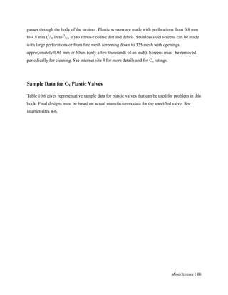 Minor Losses | 66
passes through the body of the strainer. Plastic screens are made with perforations from 0.8 mm
to 4.8 mm (1
/32 in to 3
/16 in) to remove coarse dirt and debris. Stainless steel screens can be made
with large perforations or from fine mesh screening down to 325 mesh with openings
approximately 0.05 mm or 50um (only a few thousands of an inch). Screens must be removed
periodically for cleaning. See internet site 4 for more details and for Cv ratings.
Sample Data for CV Plastic Valves
Table 10.6 gives representative sample data for plastic valves that can be used for problem in this
book. Final designs must be based on actual manufacturers data for the specified valve. See
internet sites 4-6.
 