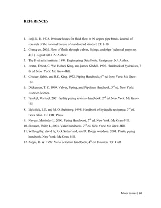 Minor Losses | 68
REFERENCES
1. Beij, K. H. 1938. Pressure losses for fluid flow in 90 degree pipe bends. Journal of
research of the national bureau of standard of standard 21: 1-18.
2. Crance co. 2002. Flow of fluids through valves, fittings, and pipe (technical paper no.
410 ) . signal hill, CA: Author.
3. The Hydraulic institute. 1994. Engineering Data Book. Parsippany, NJ: Author.
4. Brater, Ernest, C. Wei Horace King, and james Kindell. 1996. Handbook of hydraulics, 7
th ed. New York: Mc Graw-Hill.
5. Crocker, Sabin, and R.C. King. 1972. Piping Handbook, 6th
ed. New York: Mc Graw-
Hill.
6. Dickenson, T. C. 1999. Valves, Piping, and Pipelines Handbook, 3rd
ed. New York:
Elsevier Science.
7. Frankel, Michael. 2001 facility piping systems handbook, 2nd
ed. New York: Mc Graw-
Hill.
8. Idelchick, I. E, and M. O. Steinberg. 1994. Handbook of hydraulic resistance, 3rd
ed.
Boca raton. FL: CRC Press.
9. Nayyar, Mohinder L. 2000. Piping Handbook, 7th
ed. New York: Mc Graw-Hill.
10. Skousen, Philip L, 2004. Valve handbook, 2nd
ed. New York: Mc Graw-Hill.
11. Willoughby, david A, Rick Sutherland, and R. Dodge woodson. 2001. Plastic piping
handbook. New York: Mc Graw-Hill.
12. Zappe, R. W. 1999. Valve selection handbook, 4th
ed. Houston, TX: Gulf.
 