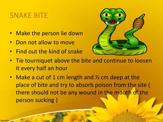 SNAKE BITE
• Make the person lie down
• Don not allow to move
• Find out the kind of snake
• Tie tourniquet above the bite and continue to loosen
it every half an hour
• Make a cut of 1 cm length and ½ cm deep at the
place of bite and try to absorb poison from the site (
there should not be any wound in the mouth of the
person sucking )
 
