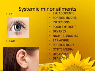 Systemic minor ailments
• EYE
• EAR
• EYE ACCIDENTS
• FOREIGN BODIES
• INFECTIONS
• POOR EYE SIGHT
• DRY EYES
• NIGHT BLINDNESS
• EAR ACHGE
• FOREIGN BODY
• OTTITS MEDIA
• DISCHARGE
• DEAFNESS
 