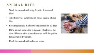 A N I M A L B I T E
• Wash the wound with soap & water for animal
bites.
• Take history of symptoms of rabies in case of dog
bite.
• Seek medical aid & observe the animal for 10 days
• If the animal shows the symptoms of rabies at the
time of bite or after some time then shift the patient
for antirabies treatment.
• Flush the wound with saline or water.
 