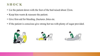 S H O C K
• Lie the patient down with the foot of the bed raised about 22cm.
• Keep him warm & reassure the patient.
• Give first-aid for bleeding ,fractures ,bites etc.
• If the patient is conscious give strong hot tea with plenty of sugar provided.
 