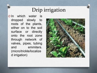 Drip irrigation
O In which water is
dropped slowly to
roots of the plants,
either on to the soil
surface or directly
onto the root zone
through network of
valves, pipes, tubing
and emmiters.
(micro/trickle/localize
d irrigation)
 