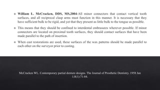 McCracken WL. Contemporary partial denture designs. The Journal of Prosthetic Dentistry. 1958 Jan
1;8(1):71-84.
 