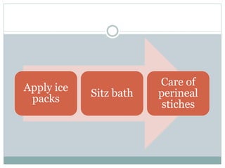 Apply ice
packs
Sitz bath
Care of
perineal
stiches
 