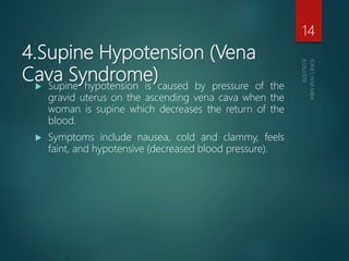 4.Supine Hypotension (Vena
Cava Syndrome) Supine hypotension is caused by pressure of the
gravid uterus on the ascending vena cava when the
woman is supine which decreases the return of the
blood.
 Symptoms include nausea, cold and clammy, feels
faint, and hypotensive (decreased blood pressure).
14
 