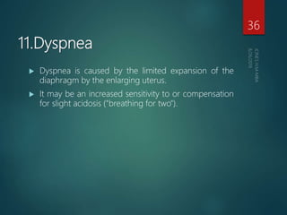 11.Dyspnea
 Dyspnea is caused by the limited expansion of the
diaphragm by the enlarging uterus.
 It may be an increased sensitivity to or compensation
for slight acidosis ("breathing for two").
36
 