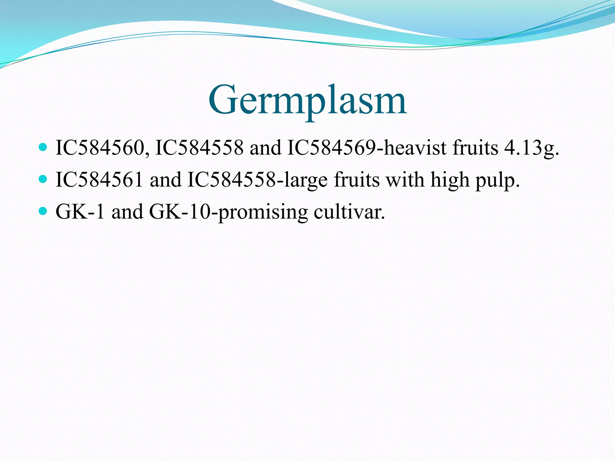 Germplasm
 IC584560, IC584558 and IC584569-heavist fruits 4.13g.
 IC584561 and IC584558-large fruits with high pulp.
 GK-1 and GK-10-promising cultivar.
 