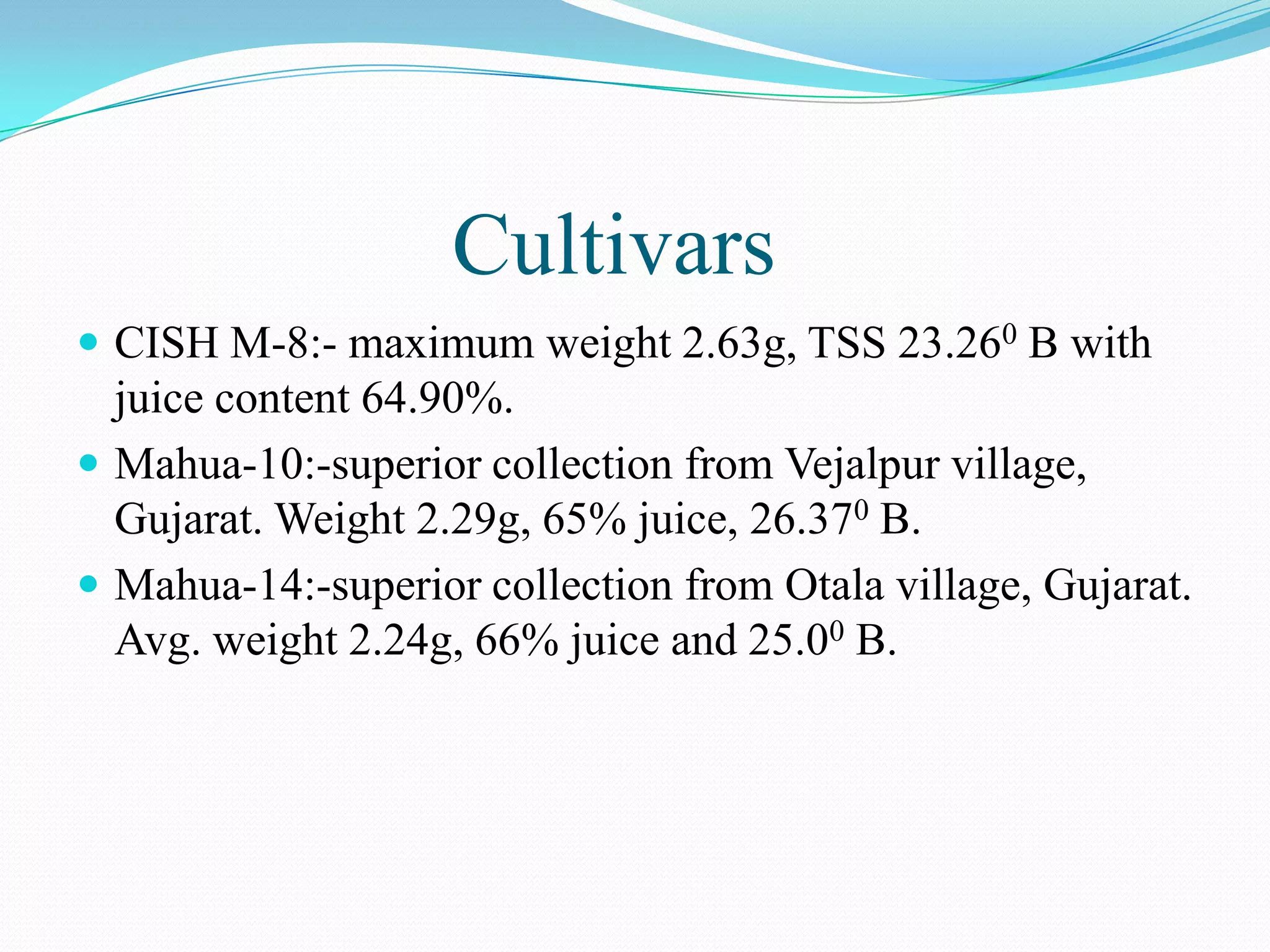 Cultivars
 CISH M-8:- maximum weight 2.63g, TSS 23.260 B with
juice content 64.90%.
 Mahua-10:-superior collection from Vejalpur village,
Gujarat. Weight 2.29g, 65% juice, 26.370 B.
 Mahua-14:-superior collection from Otala village, Gujarat.
Avg. weight 2.24g, 66% juice and 25.00 B.
 