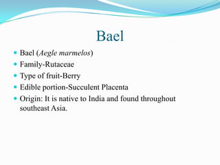 Bael
 Bael (Aegle marmelos)
 Family-Rutaceae
 Type of fruit-Berry
 Edible portion-Succulent Placenta
 Origin: It is native to India and found throughout
southeast Asia.
 