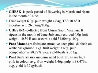  CHESK-1:-peak period of flowering is March and ripens
in the month of June.
 Fruit weight 6.0g, pulp weight 4.64g, TSS 10.60 B
ascorbic acid 26.39mg/100g.
 CHESK-2:-collected from Chirai Gaon, Varanasi. It
ripens in the month of June-July and recorded 4.0g fruit
weight, 10.30 B and ascorbic acid 34.00mg/100g.
 Pant Manohar:-fruits are attractive deep pinkish blush on
white background, avg. fruit weight 3.49g, pulp
composition is 88.27%, avg. yield/bush is 35 kg.
 Pant Sudarshan:- medium sized bush, fruits are light
pink in colour, avg. fruit weight 3.46g, pulp is 88.47%,
avg. yield is 32kg/bush
 