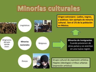 Minorías culturalesOrigen extranjero : judíos, negros, y asiáticos. Son ejemplo de minoría cultural.  Son el 1% de la población en México. Minorías de inmigrantesCuando provienen de  otros países y se asientan en una nueva región.Grupo cultural de expresión artística:Hippies (ideología) o tribus urbanas (expresión artística) 