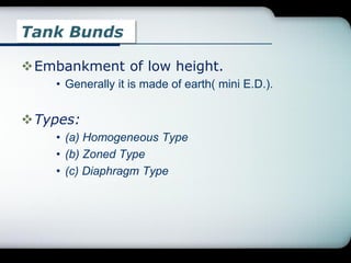 Tank Bunds
Embankment of low height.
• Generally it is made of earth( mini E.D.).
Types:
• (a) Homogeneous Type
• (b) Zoned Type
• (c) Diaphragm Type
 