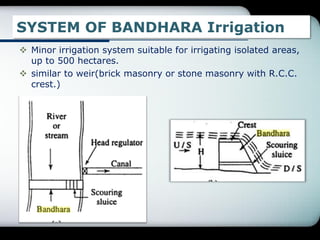 SYSTEM OF BANDHARA Irrigation
 Minor irrigation system suitable for irrigating isolated areas,
up to 500 hectares.
 similar to weir(brick masonry or stone masonry with R.C.C.
crest.)
 
