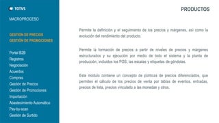 MACROPROCESO 
PRODUCTOS 
GESTIÓN DE PRECIOS 
GESTIÓN DE PROMOCIONES 
Portal B2B 
Registros 
Negociación 
Acuerdos 
Compras 
Gestión de Precios 
Gestión de Promociones 
Importación 
Abastecimiento Automático 
Pay-by-scan 
Gestión de Surtido  