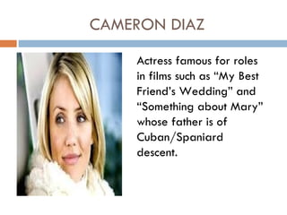 CAMERON DIAZ
    Actress famous for roles
    in films such as “My Best
    Friend’s Wedding” and
    “Something about Mary”
    whose father is of
    Cuban/Spaniard
    descent.
 