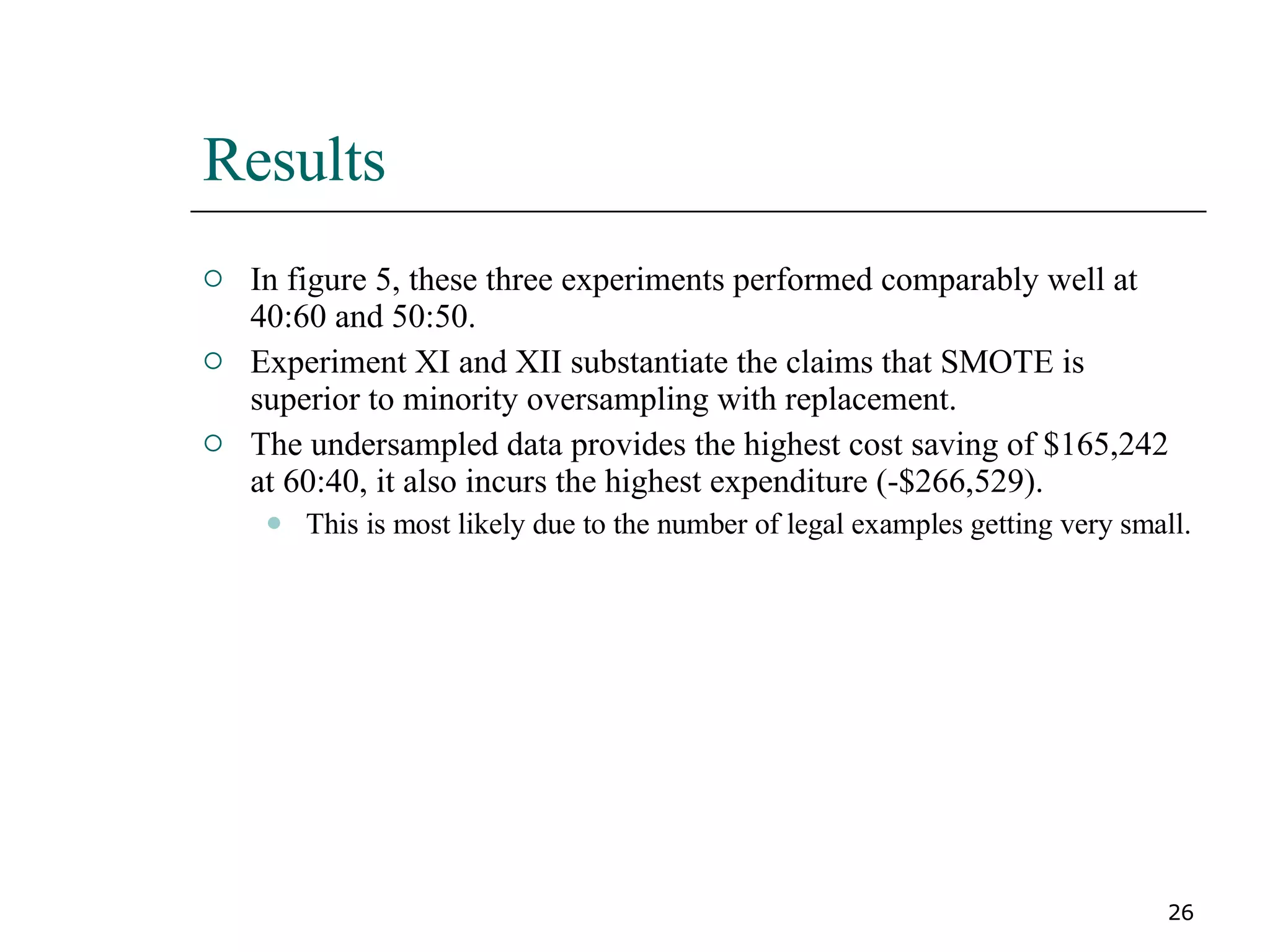 Results  In figure 5, these three experiments performed comparably well at 40:60 and 50:50. Experiment XI and XII substantiate the claims that SMOTE is superior to minority oversampling with replacement. The undersampled data provides the highest cost saving of $165,242 at 60:40, it also incurs the highest expenditure (-$266,529). This is most likely due to the number of legal examples getting very small. 